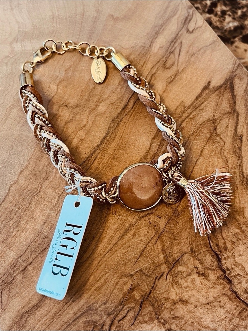 Women’s Brown Braided Stone Tassel Bracelet - Gold adjustable clasp